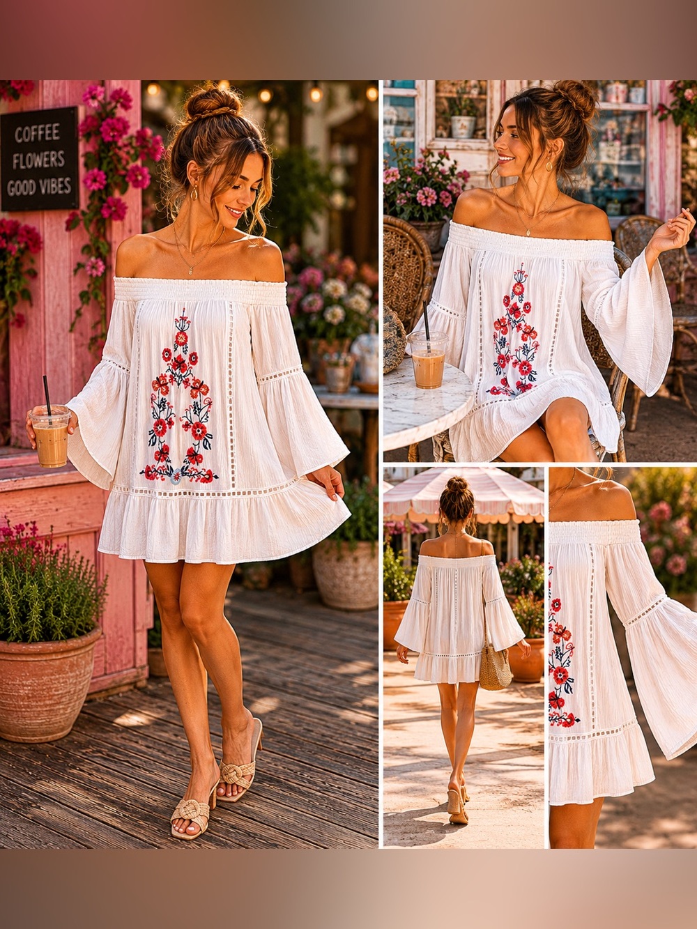 Altar'd State off White Off-Shoulder Mini Dress with Red Floral Embroidery M